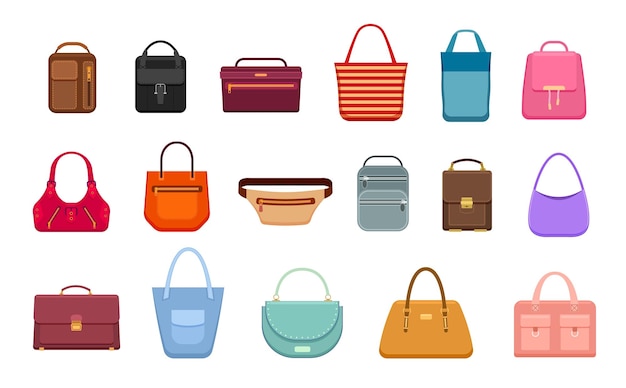 Sacs à main féminins et masculins Sac à main plat pour homme et femme sac à main en cuir tissu Sacs de voyage valise minuscule et vintage vecteur exact icônes de mode