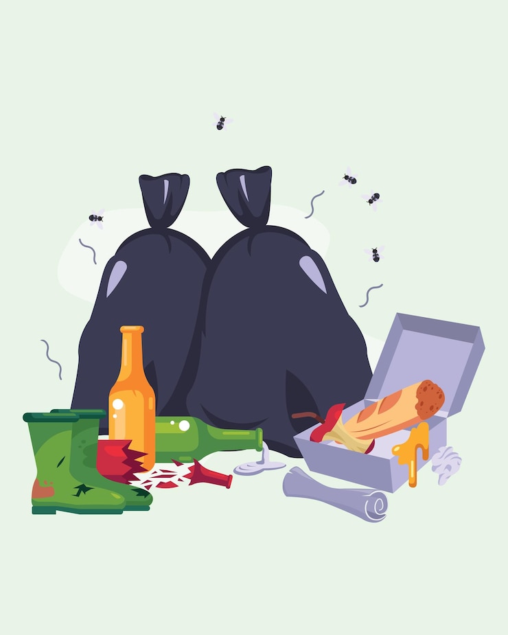 Vecteur sacs à ordures noirs et déchets éparpillés illustration vectorielle des ordures pourries et des déchets alimentaires qui tombent