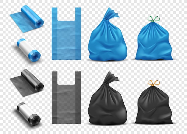 Vecteur sacs en plastique réalistes pour les poubelles. paquet pour poubelle et détritus avec poignée, sac poubelle plein et paquet jetable en rouleaux. illustration vectorielle