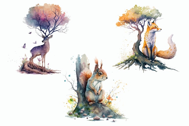 Safari Animal set Deer fox écureuil dans un style aquarelle Illustration vectorielle isolée