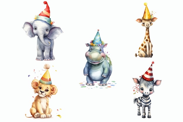 Safari Animal set éléphant hippopotame girafe zèbre et lion en chapeaux de fête dans un style 3d Illustration vectorielle isolée