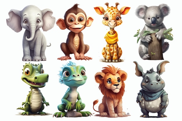 Safari Animal Set éléphant Lion Koala Alligator Iguane Singe Girafe Rhinocéros Dans Un Style 3d Illustration Vectorielle Isolée