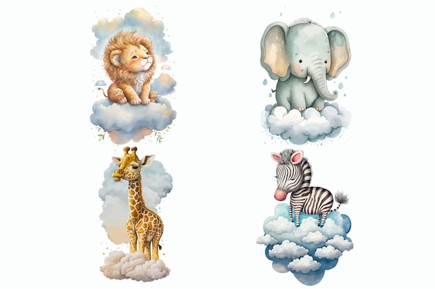 Vecteur safari animal set girafe lion éléphant zèbre sur un nuage dans un style 3d illustration vectorielle isolée