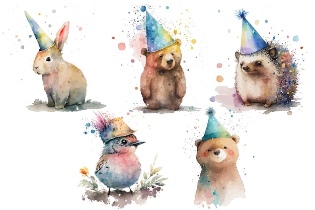 Safari Animal set lapin hérisson ours et oiseau dans une casquette festive dans un style aquarelle Illustration vectorielle isolée