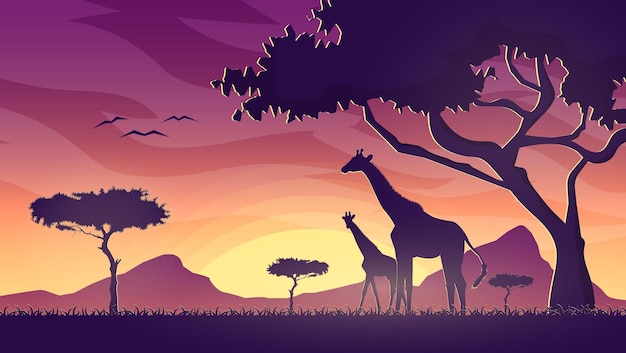 Safari plat dessiné à la main au coucher du soleil avec papier peint girafes