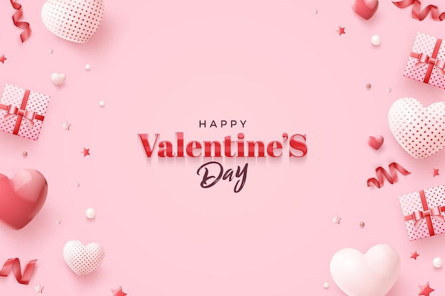 Saint Valentin avec boîte-cadeau blanche et ballons rouges et blancs