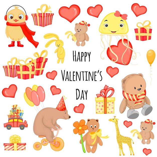 Saint Valentin Ensemble D'éléments Pour La Conception De Cartes Postales Ou D'autocollants Illustration Vectorielle De Style Dessin Animé