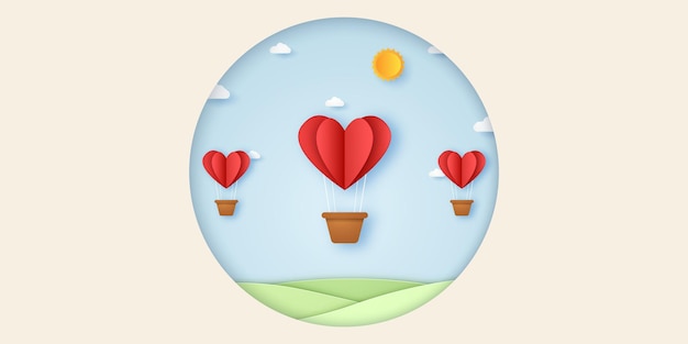 Saint Valentin Illustration d'amour coeur rouge montgolfières volant dans le ciel bleu