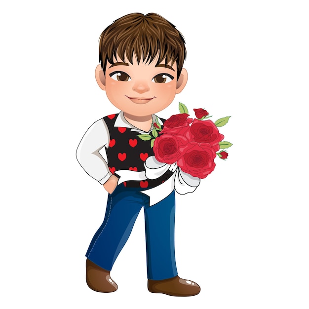 Vecteur saint-valentin avec un mignon garçon tenant un bouquet de roses illustration vectorielle de personnage de dessin animé