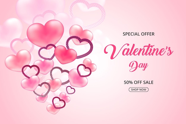 Saint Valentin offre spéciale vente coeur doux réaliste, promotion et shopping bannière rose ou fond