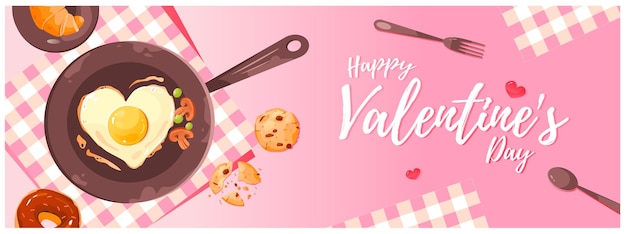 Vecteur la saint-valentin. petit-déjeuner pour un être cher. oeufs frits sous forme de coeur. modèle pour un site web