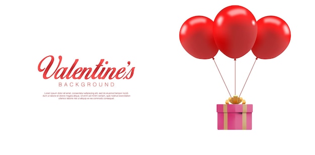 Saint Valentin Réaliste. Trois Ballons Romantiques Soulèvent La Boîte Cadeau