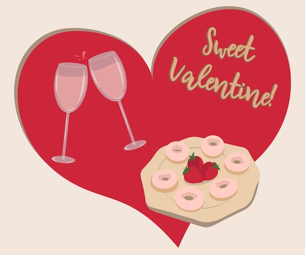Vecteur saint valentin, sweet valentine card, carte postale, champagne, donats et fraises sur coeur rouge ba