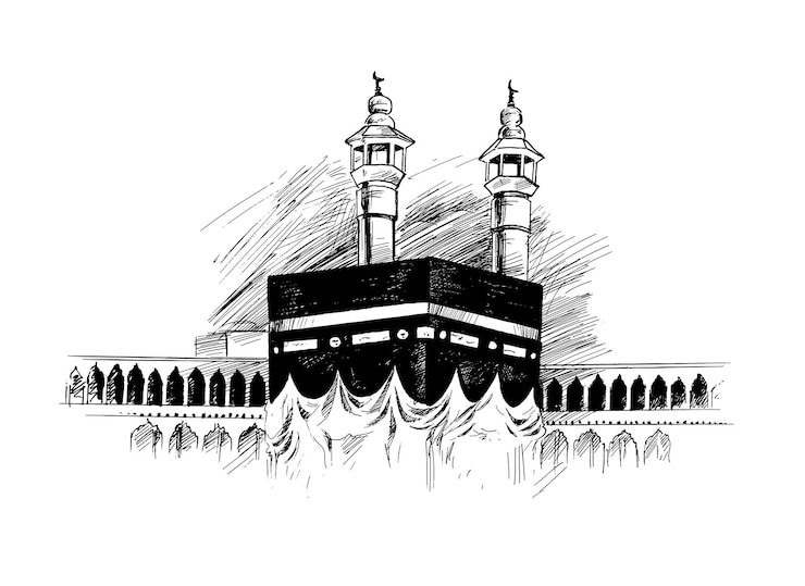 Vecteur sainte kaaba à la mecque en arabie saoudite, illustration vectorielle de croquis dessinés à la main.
