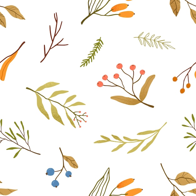 Saison d'automne plantes modèle sans couture de vecteur plat. Texture des feuilles et des branches séchées. Brindilles de bleuets sur fond blanc. Fond d'herbier. Conception de papier d'emballage de baies de forêt sauvage de saison d'automne.
