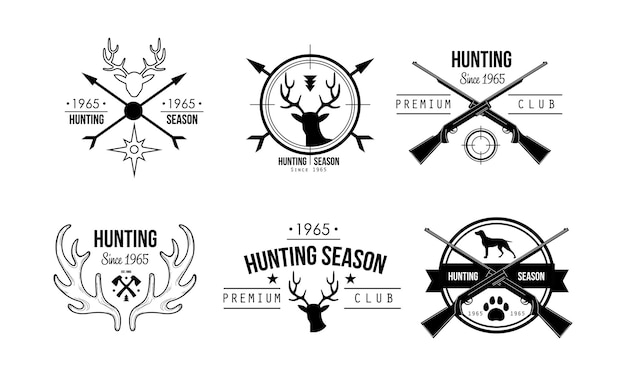 Vecteur saison de chasse premium club logo design faune chasse voyage aventure rétro badges vecteur illustration isolé sur fond blanc