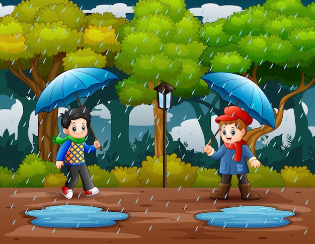 Saison Des Pluies Avec Deux Garçons Portant Un Parapluie Dans L'illustration Du Parc