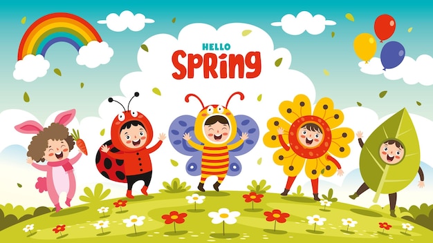 Vecteur saison de printemps avec des enfants de dessin animé
