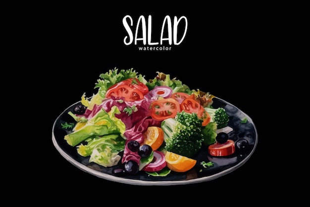 Vecteur une salade avec des concombres, des tomates, des concombres et de la laitue sur une assiette.