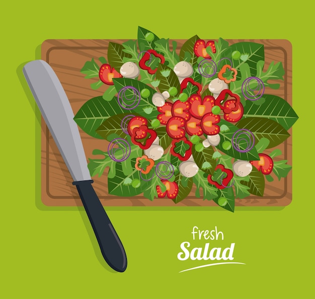 Vecteur la salade fraîche laisse des légumes table couteau en bois