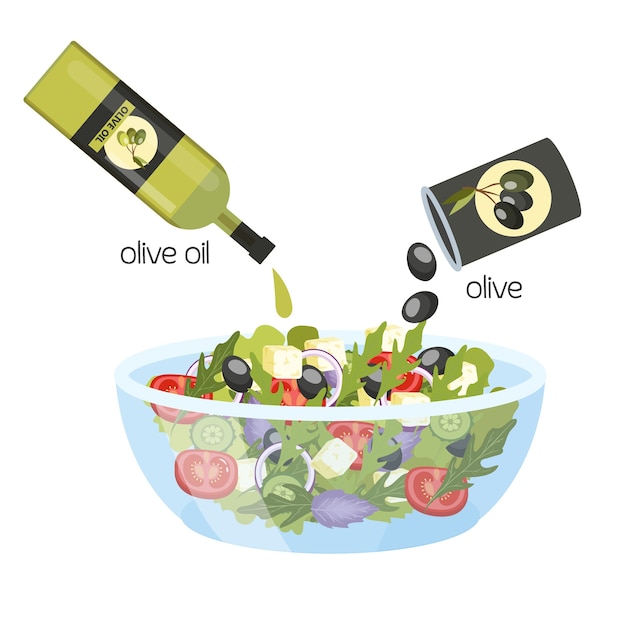 Vecteur salade grecque dans un bol. aliments sains biologiques à l'huile d'olive. concombre et tomate, fromage feta et poivron. illustration