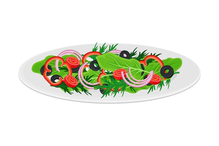 Vecteur salade de légumes italienne avec tomates, olives et verdure illustration vectorielle