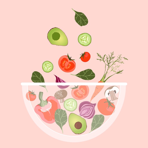 Salade De Légumes. Légumes Tombant Dans Un Bol. Illustration Tendance Pour Le Web Et Affiche Imprimée. Saladier. Variété De Légumes Sains. Avocat Frais Mélangé à De La Tomate.