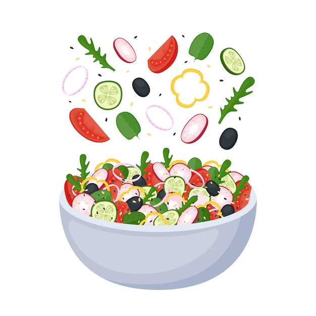 Vecteur salade maison à base de légumes frais verts et olives alimentation saine repas végétalien ou végétarien illustration vectorielle