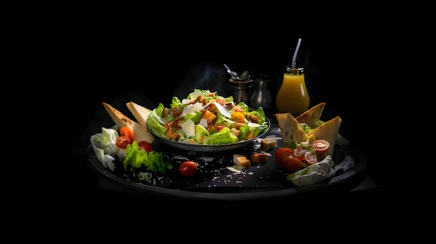 Vecteur salade sur un plateau décoré de laitue de tomate et de pain grillé arrière-plan sombre