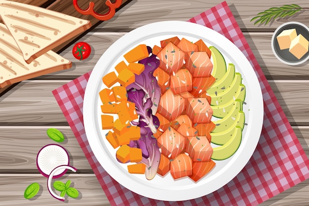 Salade de saumon avec du pain sur la table