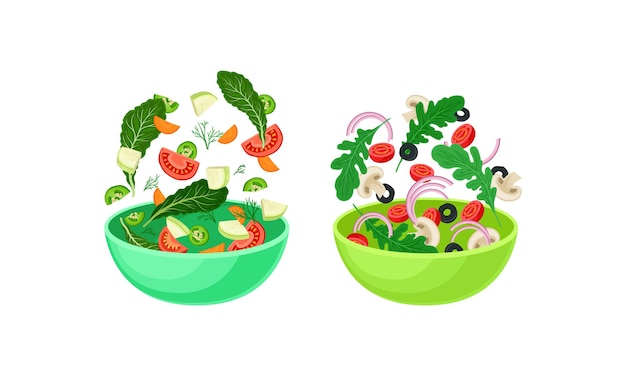 Salade végétarienne avec un ensemble vectoriel de mélange d'ingrédients dans le bol