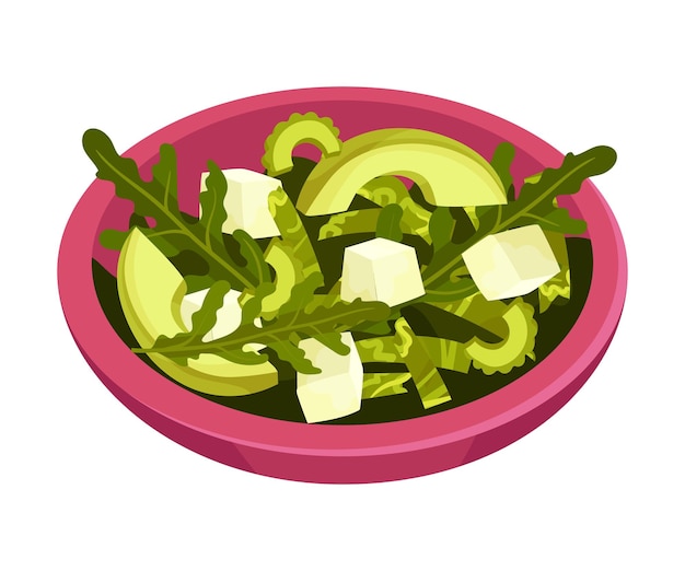 Vecteur salade verte servie dans un bol profond avec de la verdure et du fromage doux illustration vectorielle avidité ingrédients biologiques dans le concept de préparation de la salade