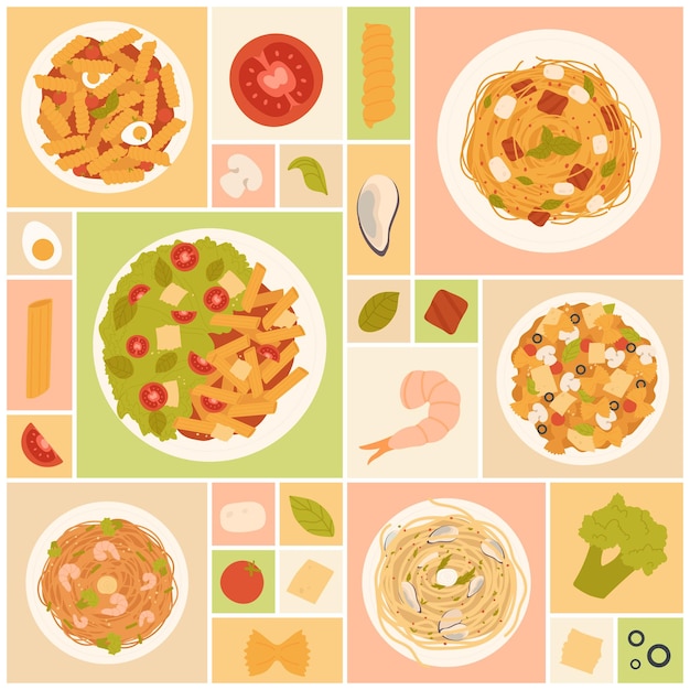 Les salades de pâtes préparent des portions saines de différents aliments, des repas de pâtes avec des sauces sur des assiettes.