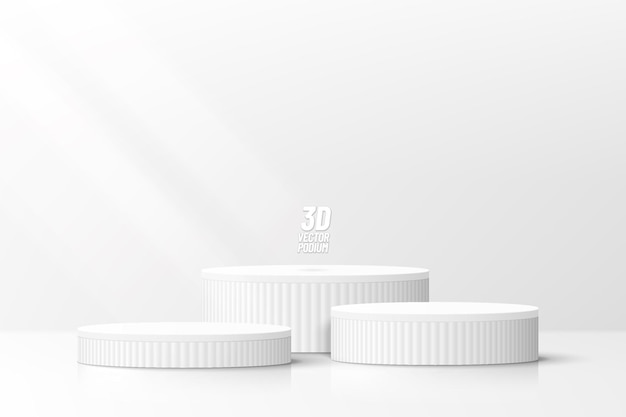 Salle 3D abstraite blanche et propre avec ensemble d'étapes réalistes podium de piédestal de cylindre Scène murale minimale