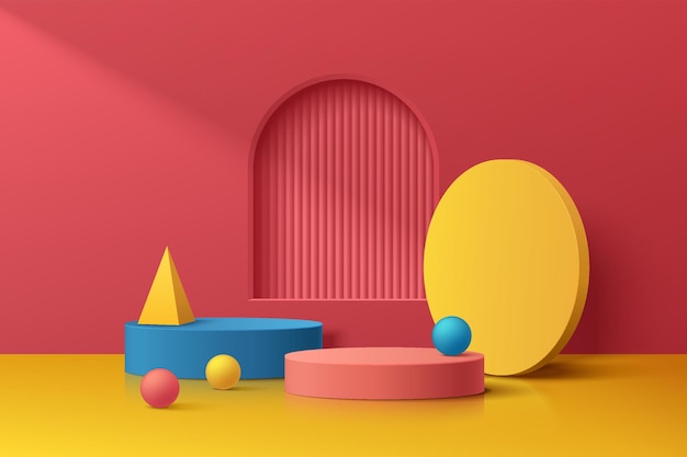 Salle 3D abstraite avec podium géométrique réaliste bleu jaune et rouge et fenêtre en arc