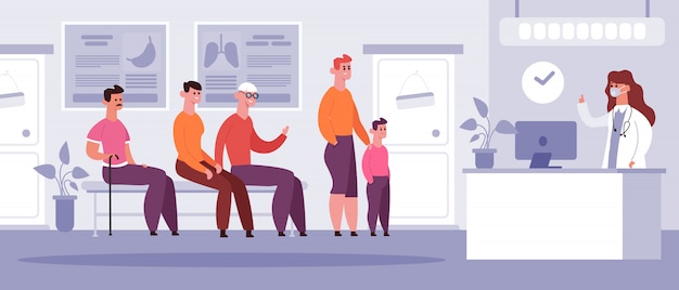 Salle d'attente clinique. Heure de rendez-vous médical du médecin, patients en attente dans la file d'attente, médecin de l'hôpital médecin rencontre l'illustration de l'arrangement. Salle d'attente de la clinique de l'hôpital, bureau du médecin