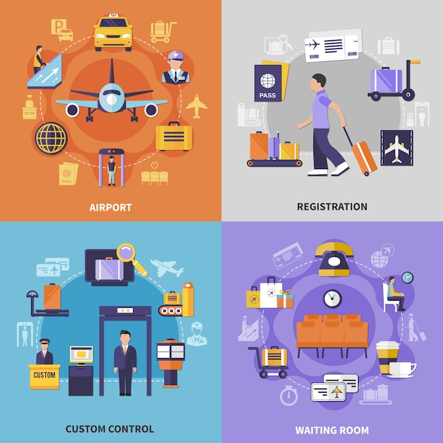 Salle D'attente De Contrôle Personnalisé Et Enregistrement à L'aéroport Plat Coloré Ensemble Isolé Illustration