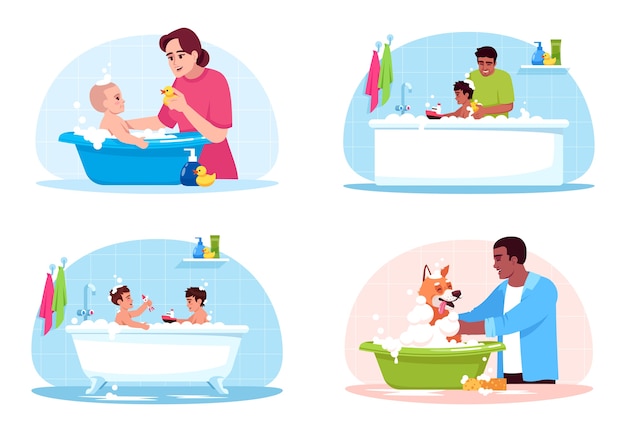 Vecteur salle de bain lavage ensemble d'illustration couleur semi rvb. mère enfant propre. les enfants jouent dans la baignoire. chien de lavage de propriétaire de l'animal. personnages de dessins animés familiaux sur la collection de fond blanc