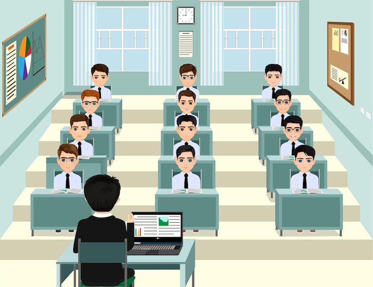 Vecteur salle de classe de style salle de conférence 3d où les étudiants masculins étudient