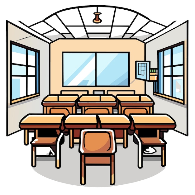 Vecteur salle de classe vide ou scène de classe vierge avec illustration vectorielle de tableau vide doodle