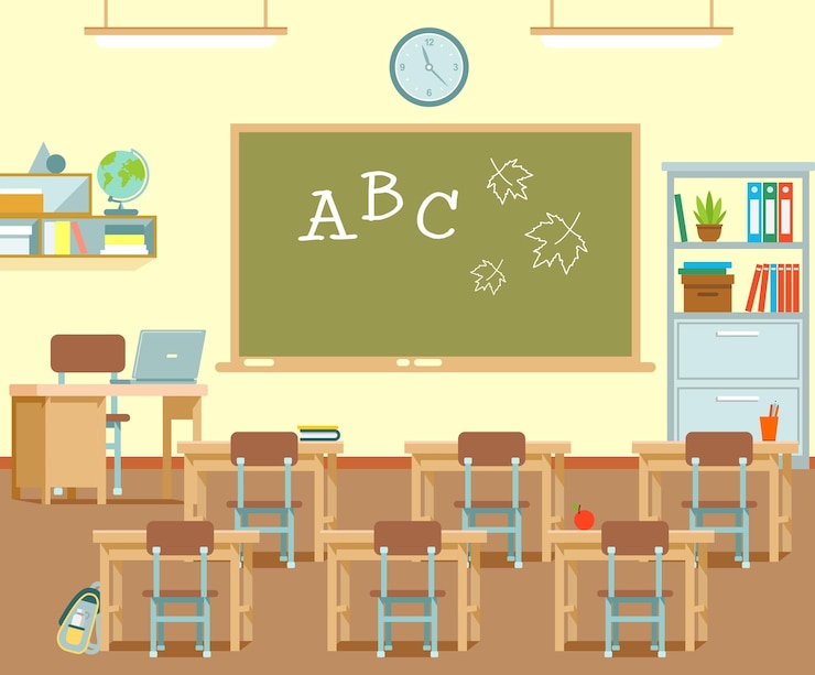 Vecteur salle de classe vide avec tableau et bureaux