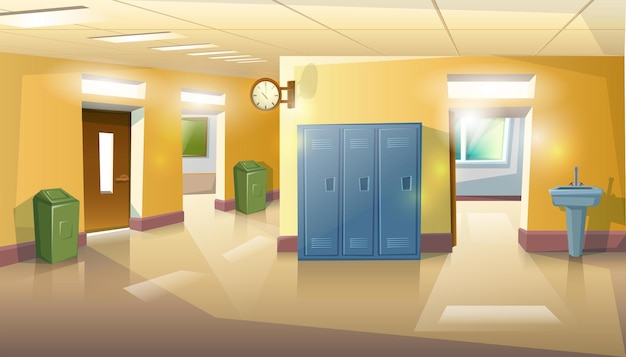 salle d'école avec portes, classes, détritus et évier.