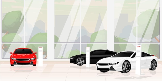 Salle d'exposition automobile Concessionnaire automobile Intérieur du hall avec de grandes fenêtres Vitrine en verre Vente d'affaires urbaines de véhicules neufs Transport de sport de luxe À l'intérieur de la construction de voitures blanches noires rouges Illustration vectorielle