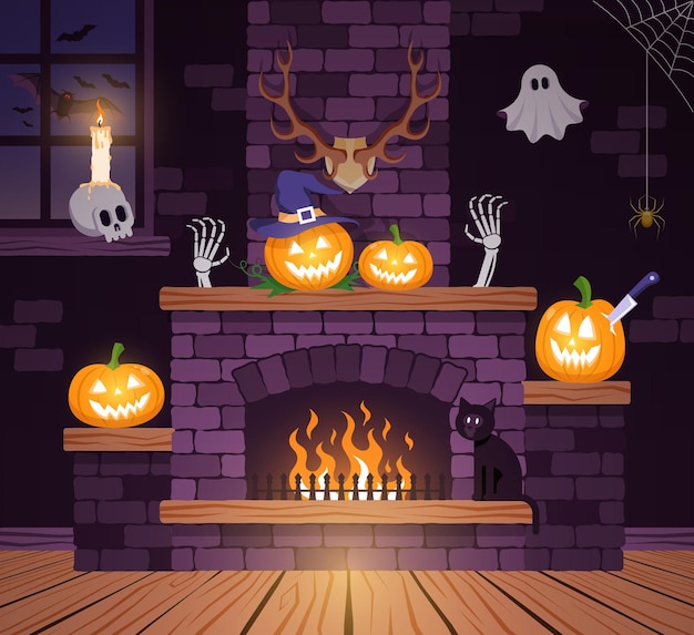 Vecteur salle d'halloween dans le vieux château. cheminée festive d'halloween avec des citrouilles. illustration vectorielle.