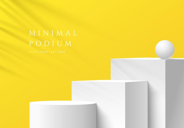 Salle jaune 3D abstraite étapes réalistes cube blanc et podium de stand de cylindre avec ombre de feuille de palmier