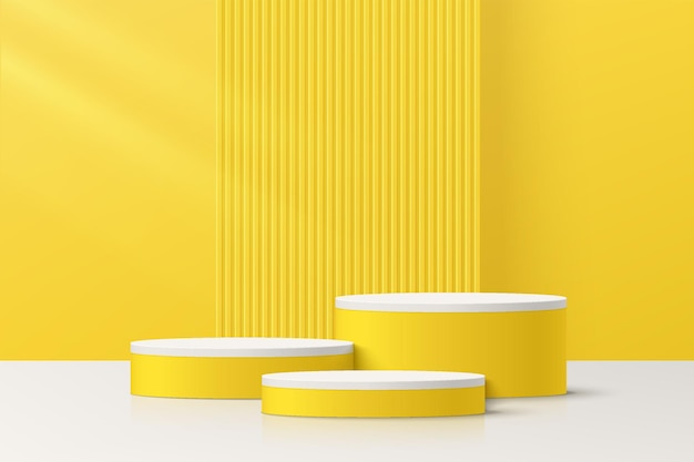 Salle jaune 3D abstraite minimale avec ensemble de podium de piédestal de cylindre blanc et jaune réaliste
