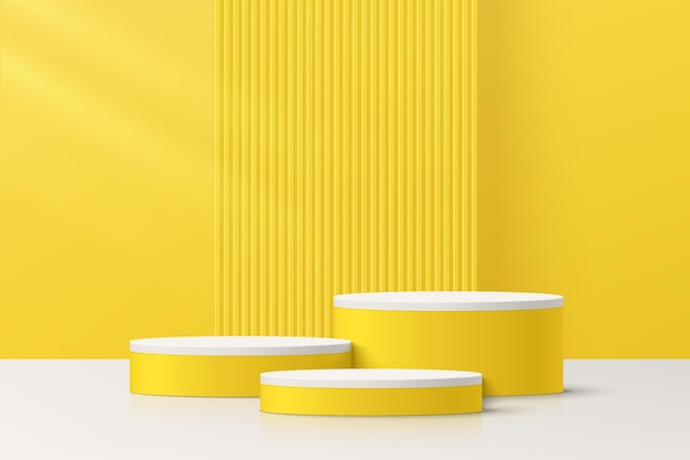 Salle Jaune 3d Abstraite Minimale Avec Ensemble De Podium De Piédestal De Cylindre Blanc Et Jaune Réaliste