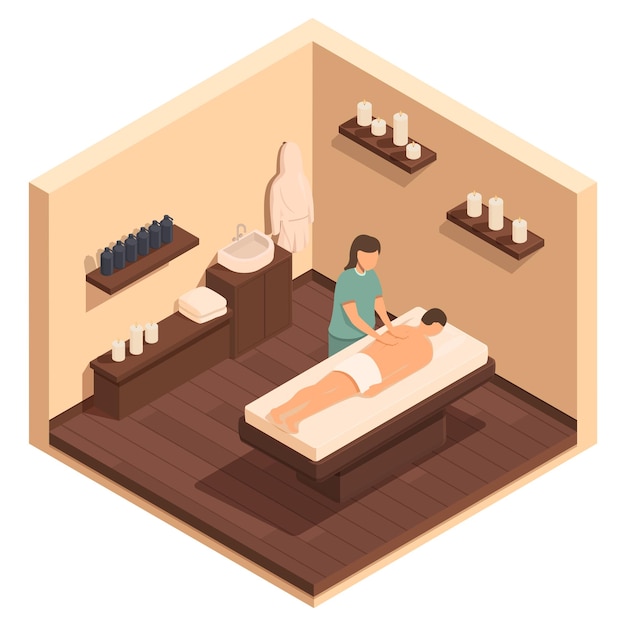 Salle De Massage équipée Isométrique Avec Illustration Vectorielle Masseur Et Client