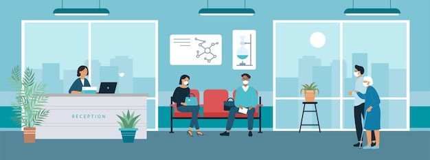 Salle de réception de l'hôpital avec des personnages de patients