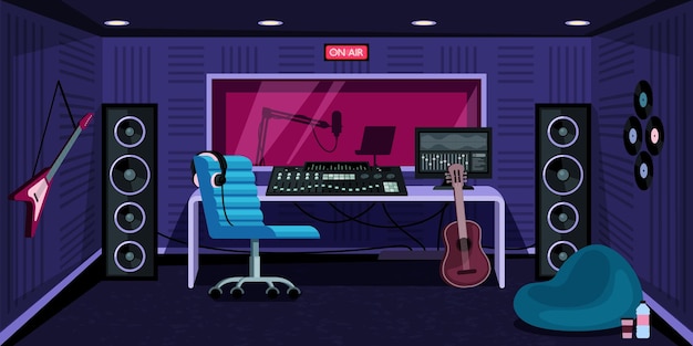 Salle de son d'enregistrement de studio de musique avec amplificateur de haut-parleurs et guitare pour l'enregistrement en direct de chansons Fond de dessin animé vectoriel